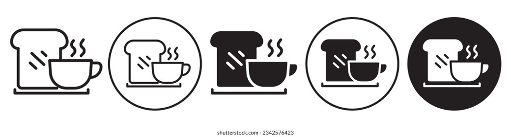 Breakfast symbol Icon. Morning routine start time of fast with hot cup of coffee or tea cup with whole wheat bread slice in cafe food menu in hotel. Vector flat outline set collection of baked toast