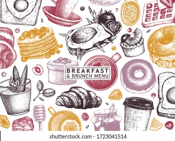 Breakfast table banner in color. Morning food and hot drinks menu vector template. Breakfast and brunch dishes background. Vintage hand drawn food sketches. Engraved style breakfast top view design.