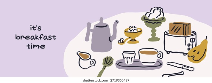 Mesa de desayuno, diseño de Anuncio. Fondo de comida de la mañana con frase y café, bocadillos en estilo garabato. Taza, hervidor de agua, pan tostado, utensilios, dibujo de croquis acogedor. Ilustración vectorial plana