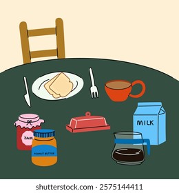 Breakfast table with coffee, toast, jam, and milk – cartoon style. A perfect visual for promoting healthy morning routines, food-related social media posts, lifestyle blogs, magazines.