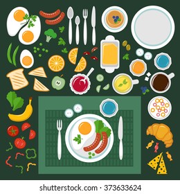 Breakfast. Table with egg, toast, sausage, pancake, butter, cheese, coffee, green tea, vegetable, fruit,croissant, knife, spoon, plate, fork. Healthy food. Top view, vector icons set, flat style