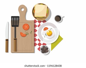 Breakfast table with healthy tasty ingredients. Coffee, toast, fried egg and olives on white  background.