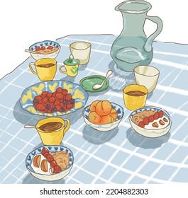 Breakfast Table Illustration With Pencil Color Style, Fit For Food Menu, Culinary Poster, Canvas Printing And Wallpaper