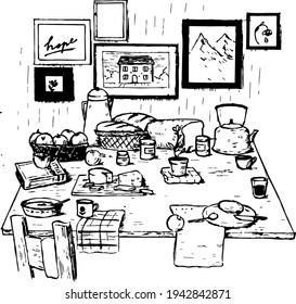 Breakfast table ink illustration. Breads, dishes, bowls, basket of apples, cups of tea, jam, butter, cheese. Daily life vector drawing. Home artwork. 