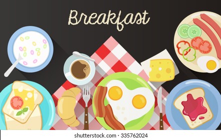 Breakfast table with many goodies in flat design style with checked tablecloth and black background