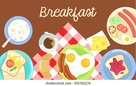 Breakfast table with many goodies in flat design style with checked tablecloth and brown background