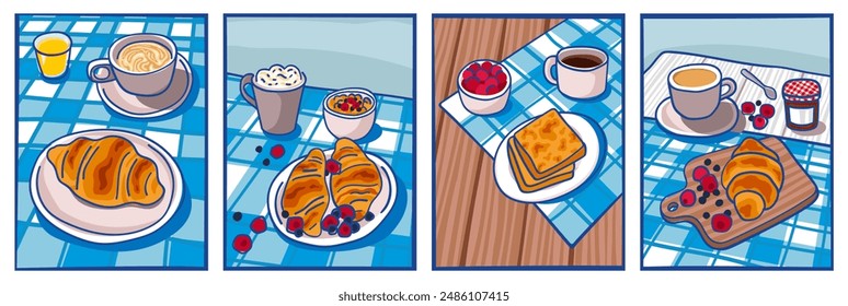 Breakfast table poster design set. French breakfast with coffee and croissants vector illustrations.