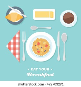 Breakfast table setting with cereal flat vector illustration