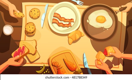 Breakfast Table Top View In Country Style With Fried Eggs In Pan Plate With Bacon Peaces And Hands Holding Cakes And Croissants Flat Vector Illustration