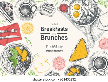 Breakfast table top view frame in color. Vintage hand drawn food sketches. Morning food and hot drinks menu vector template. Breakfasts and brunches dishes background. Engraved style breakfast design.
