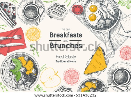 Breakfast table top view frame in color. Vintage hand drawn food sketches. Morning food and hot drinks menu vector template. Breakfasts and brunches dishes background. Engraved style breakfast design.