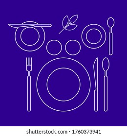 Breakfast table, top view. Serving of table with plates, cutlery, cup and glasses. Vector illustration