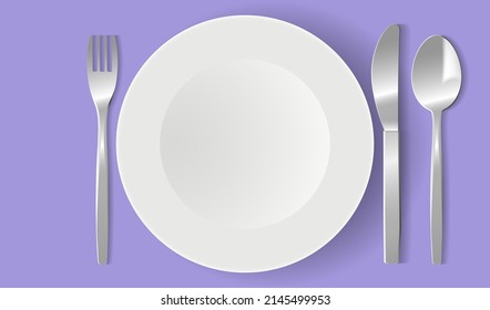 Breakfast table, top view. Serving of table with realistic plate and cutlery