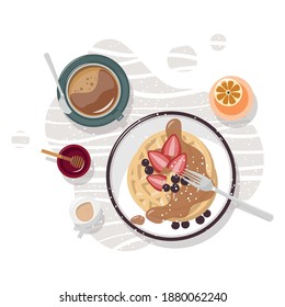 Frühstückstisch mit Waffeln, Kaffee, Honig, Milch, Orangensaft und frischen Beeren. Draufsicht. Einzeln. Vektorgrafik.
