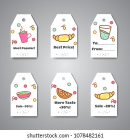 Breakfast tags and hanging for cafe, bar, bakery. Coffee and tea break. Vector labels and sale