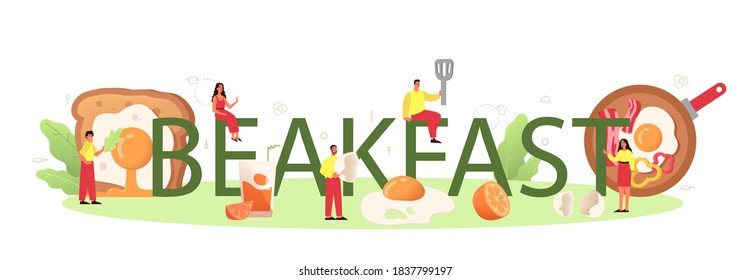 Breakfast with tasty fried eggs typographic header. Scrambled eggs. Delicious food in the morning. Yellow yolk. Isolated vector illustration in cartoon style