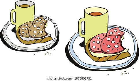 Das Frühstück ist lecker und nicht lecker. Ein Kaffee- und Wurstbrot. Humor. Vektorgrafik.