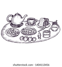 breakfast with tea and bread, doodle