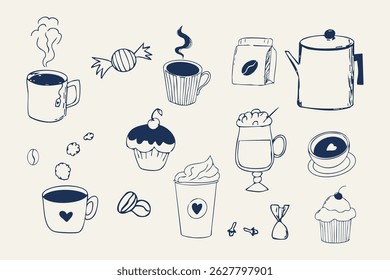 Breakfast tea and coffee sketch retro hand drawn cafe menu elements. Vintage dessert whimsical doodle drawing, Croissant and morning coffee mug, cappuccino beverage.