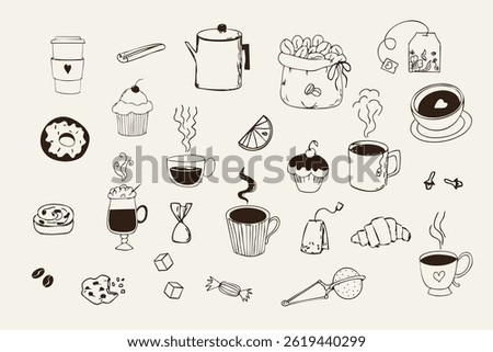 Breakfast tea and coffee sketch retro hand drawn cafe menu elements. Vintage dessert whimsical doodle drawing, Croissant and morning coffee mug, cappuccino beverage.