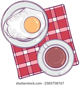 Breakfast with tea and fried egg top view. Healthy and tasty homemade lunch on checkered napkin. English breakfast. Simple vector color illustration in hand drawn style isolated on white.