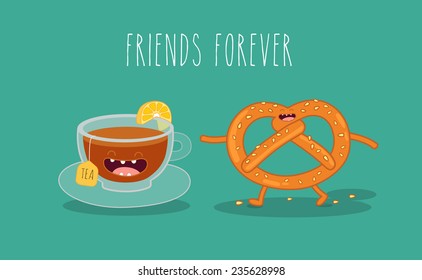 Breakfast  Tea   pretzel vector cartoons comic characters  Tea time  Friends forever  Use in the menu  in the shop  in the bar  the card stickers  Easy to edit 