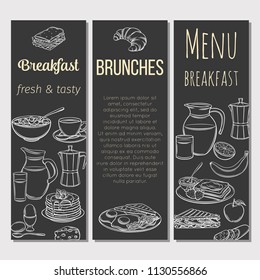 Breakfast template vector banners. Hand drawn jug of milk, coffee pot, cup, juice, sandwich and fried eggs. Retro style pancakes, toast with jam, croissant, cheese and flakes with milk.