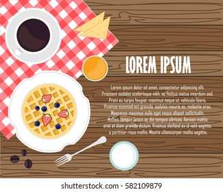 Breakfast template vector illustration. Waffles with berries in the plate, coffee, orange juice, milk on the wood background top view, flat lay illustration