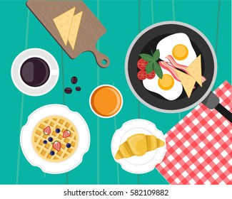 Breakfast template vector illustration. Waffles with berries in the plate, roasted egg on the pan, coffee, croissant, orange juice, milk on the wood background top view, flat lay illustration