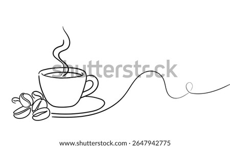 Breakfast theme with lineart coffee cup, continious line drawing. Vector illustration 