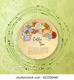Breakfast theme. Pattern with coffee cezve, pot, jug, tea cup, croissant, cupcake, sweets and flowers. Tea and coffee hand drawn pattern. Background for menu, site, cafe, restaurant, teahouse.