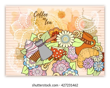 Breakfast theme. Pattern with tea cup, sweets and flowers. Tea and coffee hand drawn pattern with watercolor splash. Background element for menu, site, cafe, restaurant, teahouse. 