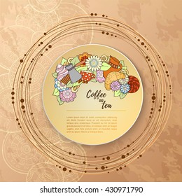 Breakfast theme. Pattern with tea cup, sweets and flowers. Tea and coffee hand drawn pattern. Background element for menu, site, cafe, restaurant, teahouse. 