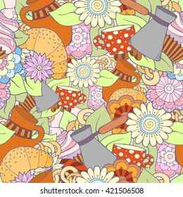 Breakfast theme. Seamless pattern with coffee cezve, pot, jug, tea cup, croissant, cupcake, sweets and flowers. Tea and coffee seamless pattern. Background for menu, site, cafe, restaurant, teahouse. 