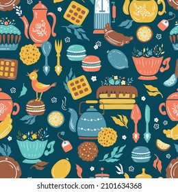 Breakfast Theme. Tea Time. Colorful Background with Kitchen Utensils and Food. Vector Seamless pattern of Different Teapots and Sweet Desserts.