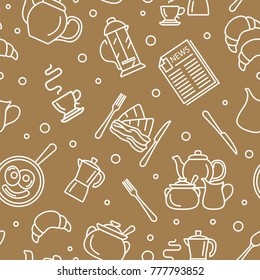 Breakfast thin line vector seamless pattern. Illustration