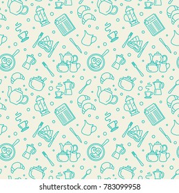 Breakfast Thin Line Vector Seamless Pattern. Illustration