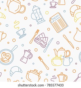 Breakfast thin line vector seamless pattern. Illustration
