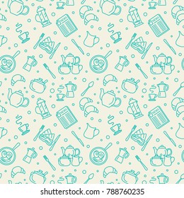 Breakfast Thin Line Vector Seamless Pattern. Illustration