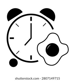 Breakfast time alarm clock black vector icon features fried egg. The morning meal metaphor highlights cafe dining menus.