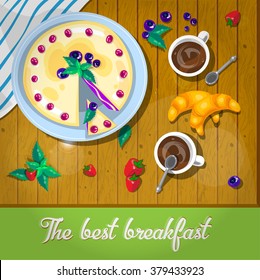 Breakfast time background. Vector Illustration. Blueberry pie.