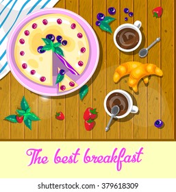 Breakfast time background. Vector Illustration. Blueberry pie.