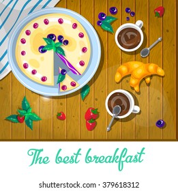 Breakfast time background. Vector Illustration. Blueberry pie.