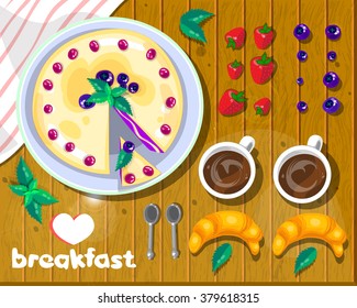 Breakfast time background. Vector Illustration. Blueberry pie.