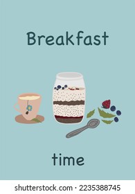 Breakfast time banner with porridge yogurt and berries with green tea