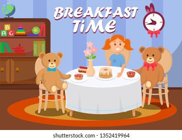 Breakfast Time Banner Vector Illustration. Girl Eating Pie with Glaze, Bear Toys Sitting at Table with Muffins or Cupcakes. Clock with Rabbit Ears and Bow. Shelf with Globe, Books, Pyramid.