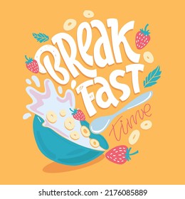 Breakfast time. Beautiful hand drawn doodle motivation lettering quote. Lettering for banner, t-shirt design, web design.