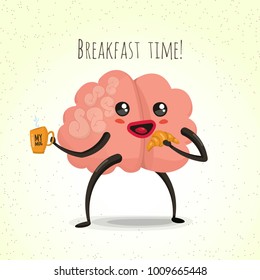 Breakfast time,  brain cartoon character vector illustration, healthy lifestyle icon, eps 10 vector