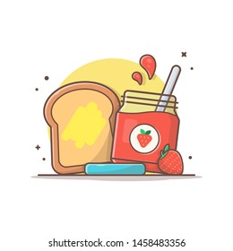 Breakfast Time with Bread and Strawberry Jam Vector Illustration. Concept of Breakfast Menu, Cafe. Flat Cartoon Style Suitable for Web Landing Page,  Banner, Flyer, Sticker, Card, Background