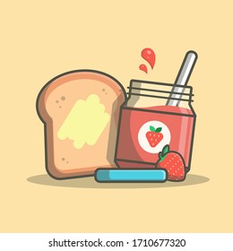 Breakfast Time with Bread and Strawberry Jam Vector Illustration. Concept of Breakfast Menu, Cafe. Flat Cartoon Style Suitable for Web Landing Page,  Banner, Flyer, Sticker, Card, Background